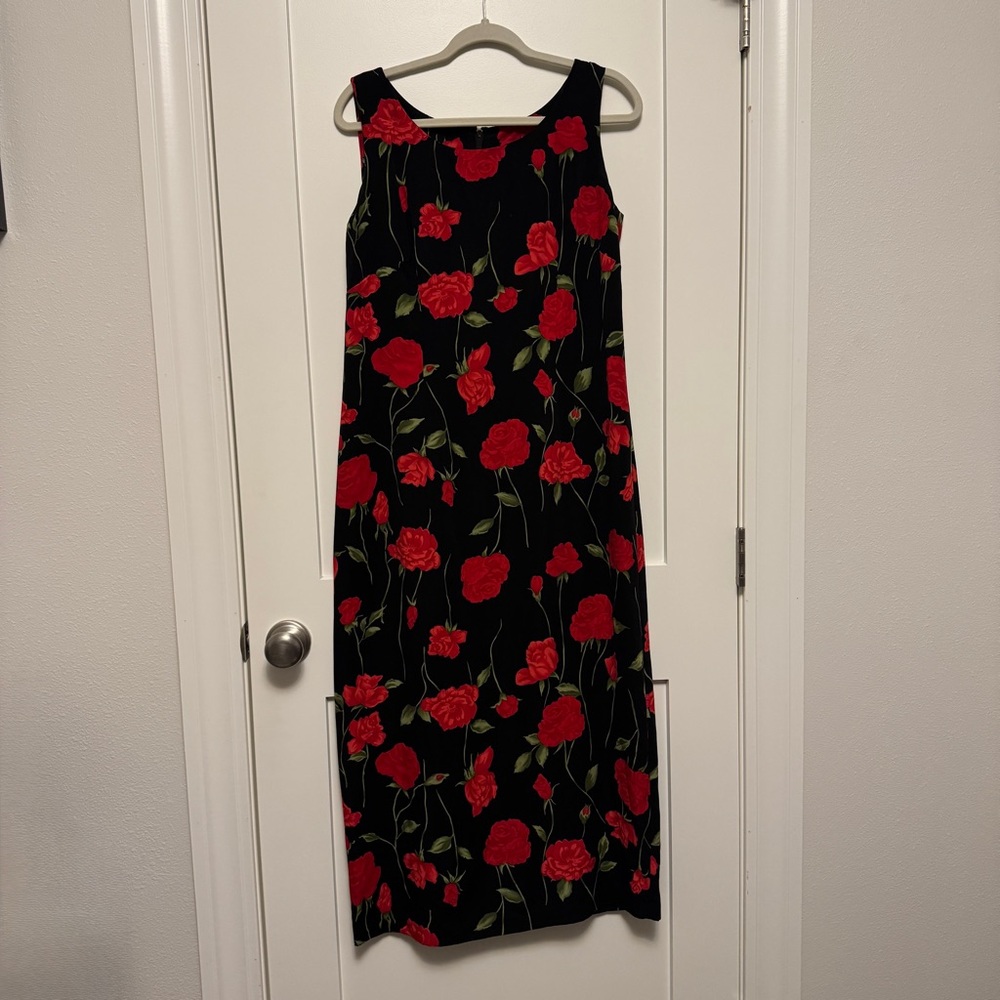 R&K Original Shift Maxi Dress Roses Sleeveless 90s Derby Day
